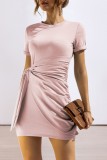 Pink Casual Solid Patchwork O Neck Short Sleeve Dress