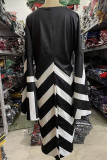 Black Elegant Print Patchwork V Neck One Step Skirt Plus Size Dresses