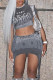 Grey Sexy Street Print Patchwork Asymmetrical O Neck Short Sleeve Two Pieces