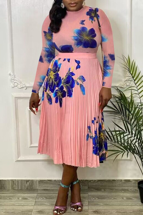 Pink Sexy Print Patchwork Fold Half A Turtleneck Long Sleeve Two Pieces