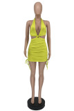 Fluorescent Yellow Fashion Sexy Solid Bandage Backless Halter Sleeveless Dress