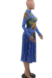 Red Sexy Print Patchwork Fold Half A Turtleneck Long Sleeve Two Pieces
