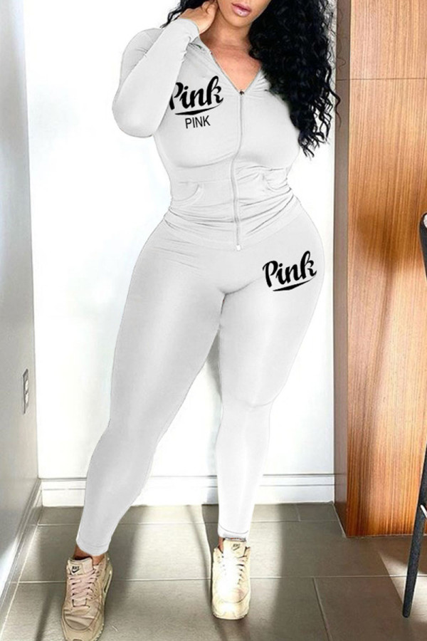 White Casual Print Patchwork Hooded Collar Long Sleeve Two Pieces