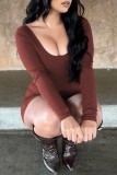 Pink Casual Solid Basic U Neck Long Sleeve Skinny Romper