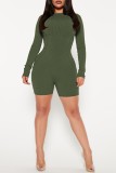 Army Green Casual Solid Patchwork Basic O Neck Long Sleeve Skinny Romper