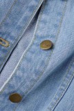 Light Blue Casual Solid Ripped Cardigan Turndown Collar Long Sleeve Regular Denim Jacket