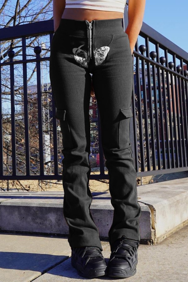 Black Casual Butterfly Print Patchwork Skinny High Waist Conventional Positioning Print Bottoms