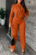 Tangerine Red Casual Work Solid Patchwork Buttons O Neck Long Sleeve Two Pieces