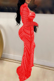 Red Sexy Patchwork Hot Drilling Hollowed Out See-through Half A Turtleneck Long Sleeve Dresses