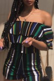 Black Green Sexy Casual Striped Print Patchwork Backless Off the Shoulder Regular Romper