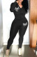 Black Casual Print Patchwork Hooded Collar Long Sleeve Two Pieces
