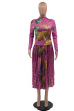 Red Sexy Print Patchwork Fold Half A Turtleneck Long Sleeve Two Pieces