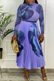 Purple Sexy Print Patchwork Fold Half A Turtleneck Long Sleeve Two Pieces