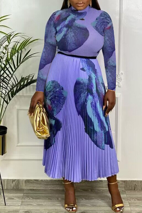 Purple Sexy Print Patchwork Fold Half A Turtleneck Long Sleeve Two Pieces