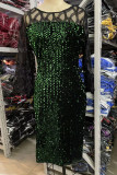 Black Green Elegant Solid Sequins Patchwork O Neck Straight Plus Size Dresses