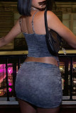 Blue Sexy Solid Patchwork Asymmetrical Stringy Selvedge Spaghetti Strap Sleeveless Two Pieces