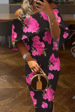 Red Casual Print Solid Patchwork Off the Shoulder One Step Skirt Dresses
