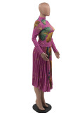 Red Sexy Print Patchwork Fold Half A Turtleneck Long Sleeve Two Pieces