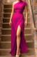 Rose Red Elegant Solid Patchwork Slit Oblique Collar Evening Dress Dresses
