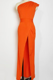 Tangerine Red Elegant Solid Patchwork Slit Oblique Collar Evening Dress Dresses