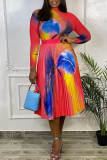 Red Sexy Print Patchwork Fold Half A Turtleneck Long Sleeve Two Pieces