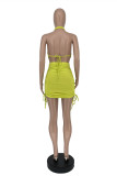 Fluorescent Yellow Fashion Sexy Solid Bandage Backless Halter Sleeveless Dress