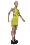 Fluorescent Yellow Fashion Sexy Solid Bandage Backless Halter Sleeveless Dress