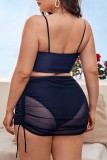Black Sexy Solid Leopard Patchwork Backless Spaghetti Strap Plus Size Swimwear Three Piece Set (With Paddings)