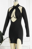 Black Sexy Solid Hollowed Out Patchwork Turtleneck Long Sleeve Dresses