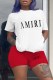 Red Casual Print Letter O Neck Short Sleeve Two Pieces