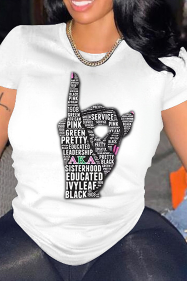 White Fashion Casual Print Basic O Neck T-Shirts