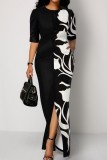 Red Casual Print Patchwork Slit O Neck One Step Skirt Dresses