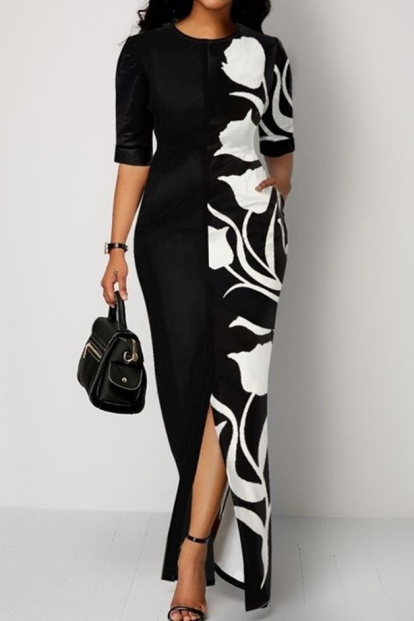 Black And White Casual Print Patchwork Slit O Neck One Step Skirt Dresses