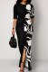 Black And White Casual Print Patchwork Slit O Neck One Step Skirt Dresses