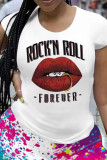 White Fashion Casual Letter Lips Printed Basic O Neck T-Shirts
