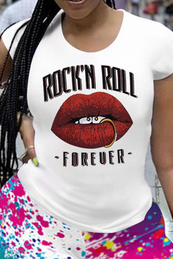 White Fashion Casual Letter Lips Printed Basic O Neck T-Shirts