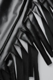 Black Casual Solid Tassel Patchwork Slit Skinny High Waist Conventional Solid Color Skirt