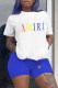 Blue Casual Print Patchwork Letter O Neck Short Sleeve Two Pieces