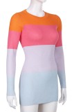 Multicolor Casual Striped Patchwork Backless O Neck Long Sleeve Dresses