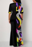 Red Casual Print Patchwork Slit O Neck One Step Skirt Dresses