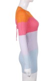 Multicolor Casual Striped Patchwork Backless O Neck Long Sleeve Dresses
