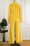Yellow Casual Striped Print Basic Turndown Collar Long Sleeve Two Pieces