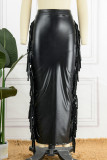 Black Casual Solid Tassel Patchwork Slit Skinny High Waist Conventional Solid Color Skirt