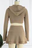 Khaki Casual Solid Patchwork Hooded Collar Long Sleeve Two Pieces (Without Underwear)