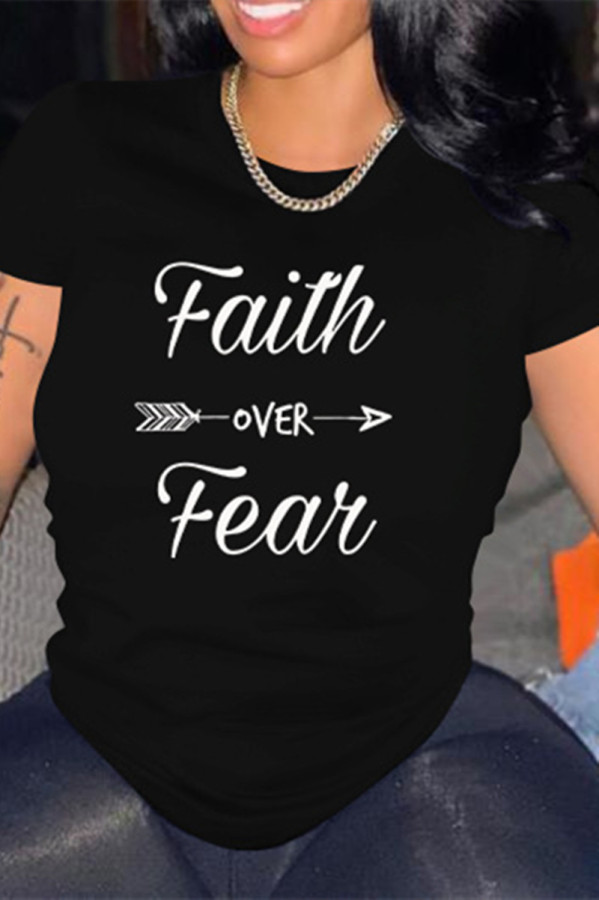 Black Fashion Casual Print Basic O Neck T-Shirts