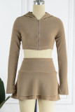 Khaki Casual Solid Patchwork Hooded Collar Long Sleeve Two Pieces (Without Underwear)