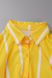 Yellow Casual Striped Print Basic Turndown Collar Long Sleeve Two Pieces