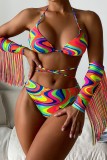 Red Sexy Print Tassel Patchwork Frenulum Backless Swimwears (With Paddings)