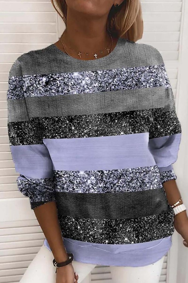 Purple Casual Striped Print Patchwork O Neck Tops
