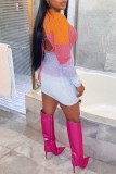 Multicolor Casual Striped Patchwork Backless O Neck Long Sleeve Dresses
